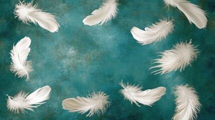 Obraz premium A pattern of delicate feathers overlapping on a luxurious emerald green background