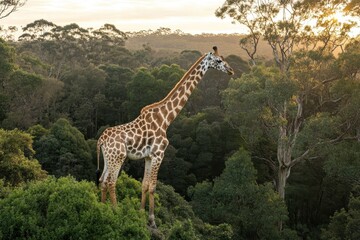 Obraz premium Majestic Giraffe Standing Gracefully Among Lush Greenery at Sunset