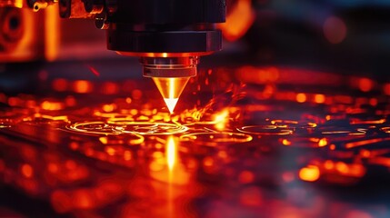 A precision laser cutting machine etching designs onto metal, glowing on a fiery red background