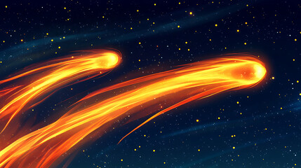 Fototapeta premium Two fiery comets streaking across a starry night sky, illuminating the dark cosmos with vibrant trails