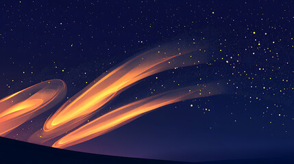 Fototapeta premium Ethereal night sky with vibrant orange streaks and twinkling stars over a serene landscape