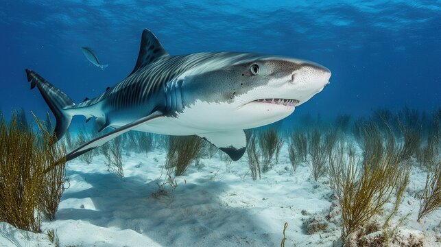 A tiger shark lurking near the ocean floor, scanning its surroundings with piercing eyes