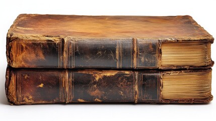 Antique Leather Bound Books Stacked Over White Background