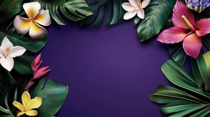 A vibrant floral wrap skirt with tropical leaves and flowers arranged on a deep purple background