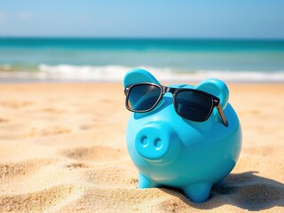 Blue Piggy Bank with Sunglasses on Beach, Travel Savings Concept