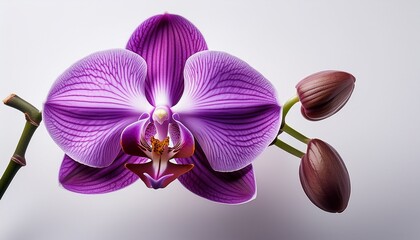 Fototapeta premium purple orchid flower with visible petal veins stem buds and a white background creating a vibrant and elegant botanical illustration