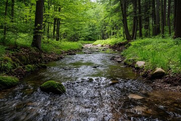 Fototapeta premium Serene Forest Stream Nature Scene Tranquil Water Flowing Through Lush Green Trees Peaceful Woodland Creek Summer Landscape Photography Idyllic River 