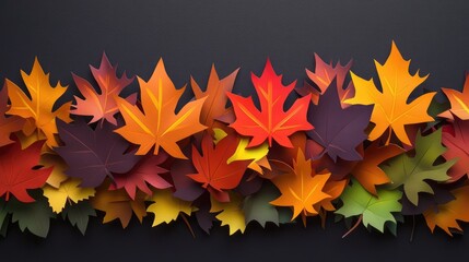 Stylized autumn leaves cut from colorful paper, arranged artfully on a dark backdrop