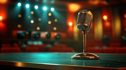 Iconic pill microphone perched in a vibrant television studio setting.