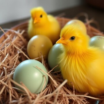 Polluelos con huevos en nido
