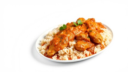 Chicken Tikka Masala with Pilau Rice on White Background