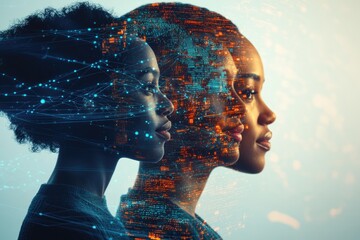 Double exposure of two women's profiles overlaid with a digital network, symbolizing connection and technology.