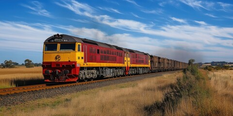 Obraz premium Long train on tracks featuring a vibrant yellow and red train car in motion.