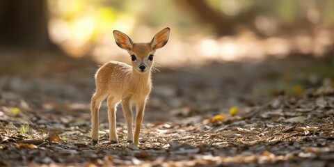 A small deer stands peacefully in the heart of a lush forest.
