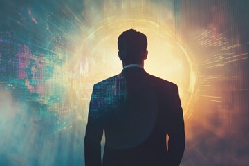 A businessman silhouetted against a futuristic cityscape, embracing technological advancement and digital transformation.