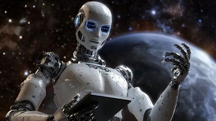 Ai powered attorney robot arguing major interplanetary dispute ultra detailed cosmic legal theme cinematic visuals