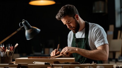 Dedicated man working intently on a piece of wood in his workshop carving furniture with precision