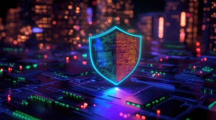 Obraz premium Digital shield over circuit board in a city