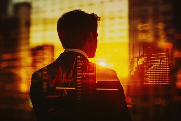 Silhouetted businessman contemplates financial data projected onto his back against a city sunset.