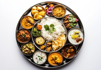 Authentic Indian Thali Featuring Variety of Dishes Including Rice, Lentils, Vegetables, Bread, and Accompaniments on Steel Plate Presentation