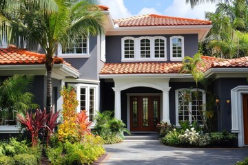 Fototapeta premium Beautiful Tropical House Facade with Garden