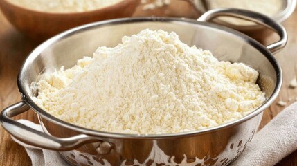 All-purpose flour and baking powder being sifted into a mixing bowl.