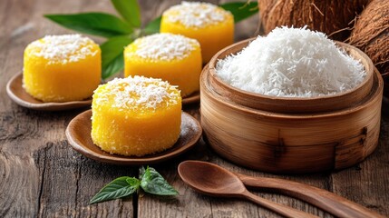 Fototapeta premium A bowl of freshly grated coconut next to the steamed desserts.