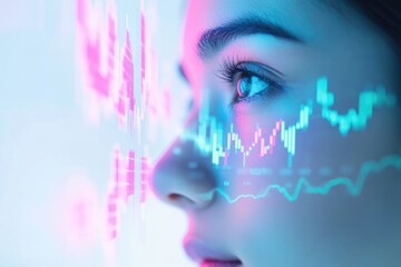 Woman's eye gazing at vibrant stock market data projected onto her face, symbolizing financial analysis and technological integration.