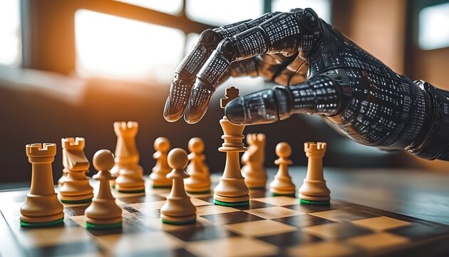 Robot plays chess. Board game, sunlight background