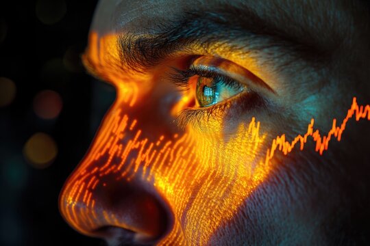 Close-up of a man's eye with an overlay of a vibrant orange data graph, symbolizing technological integration with the human experience.