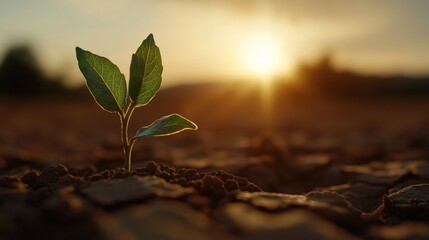 Young sprout emerging from parched earth at sunset