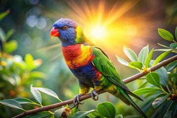 Obraz premium Vibrant Rainbow Lorikeet Perched on Branch, Candid Wildlife Photography