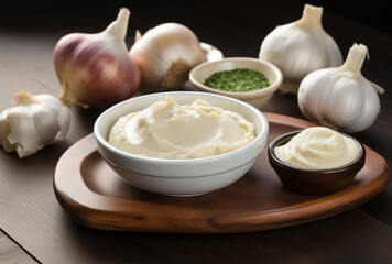 Beige Garlic Paste in a Ceramic Bowl