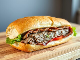 Delicious Doner Kebab Sandwich Close-Up on Wooden Table
