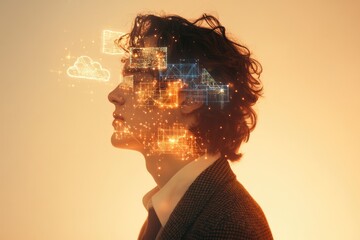 A person's profile with digital data and cloud computing symbols superimposed, representing the integration of technology and human intelligence.