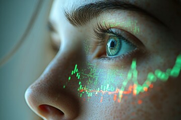 A close-up of an eye with superimposed stock market data, visualizing data overlay on human vision.