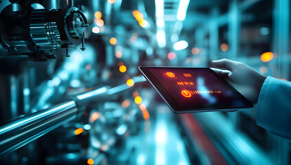 Smart industry automation manufacturing control concept.Hands holding tablet on blurred automation machine as background..