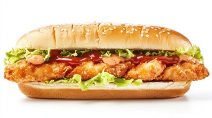 A detailed view of a chicken sandwich featuring fresh lettuce and ketchup.