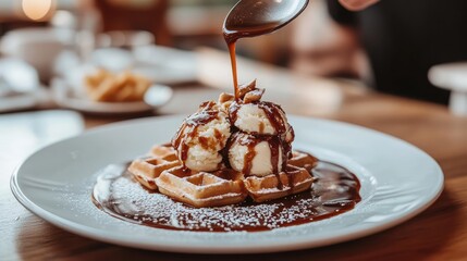 Caramel sauce being drizzled over ice cream and waffles.