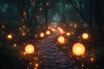 Enchanting path through luminous forest at night