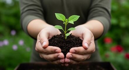 Person holding small plant growing out of the soil held in cupped hands