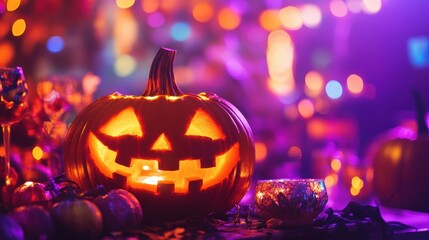 A close-up view of a pumpkin featuring a glowing candle inside.