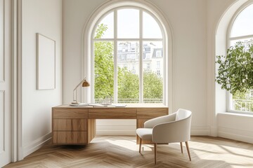 Modern Minimalist Home Office with Large Window and Natural Light