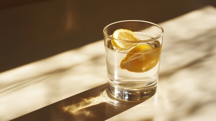 A glass of water with a refreshing slice of lemon floating on top.