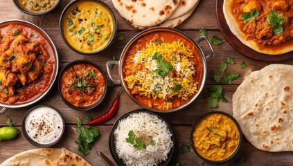 Colorful assortment of traditional Indian dishes served on a rustic wooden table with naan, rice, and various vibrant curries and sauces garnished with herbs