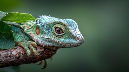 Obraz premium Close Up of a Green Lizard on a Branch