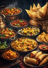 Fototapeta premium Colorful Display of Rich and Flavorful Dishes Including Rice, Vegetables, Meat, and Crispy Snacks in Traditional Serving Bowls on a Rustic Table
