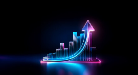A glowing bar chart with a neon pink and blue outline shows an upward trend against a dark background, symbolizing growth and progress.