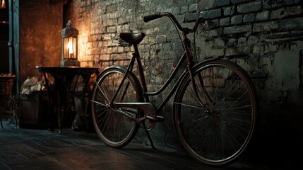 Obraz premium A bike rests against a brick wall in a softly lit room, creating a cozy atmosphere.