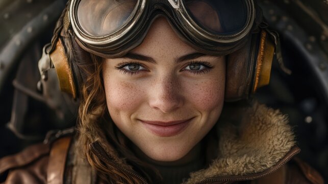 Closeup of a confident female aviator wearing vintage leather helmet and goggles with freckles and captivating eyes symbolizing adventure and courage